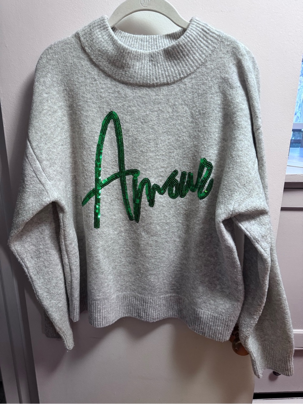 Bundle 4 $10 items for $30 A New Day Light Gray Sweater Green Sequin "Amour"